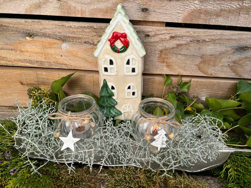Teelichthalter Haus 9x8x20 cm Beige Windlicht Weihnachten Dekoration Keramik