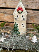 Teelichthalter Haus 9x8x20 cm Beige Windlicht Weihnachten Dekoration Keramik