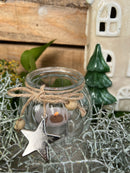 2-er Set Teelichthalter bauchig mit Stern- und Tannenbaumdeko Windlicht Transparent Kerzenhalter elegant schick Glas 7,5cm breit x 7,5cm hoch