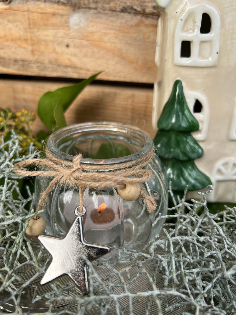 2-er Set Teelichthalter bauchig mit Stern- und Tannenbaumdeko Windlicht Transparent Kerzenhalter elegant schick Glas 7,5cm breit x 7,5cm hoch