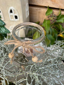 2-er Set Teelichthalter bauchig mit Stern- und Tannenbaumdeko Windlicht Transparent Kerzenhalter elegant schick Glas 7,5cm breit x 7,5cm hoch