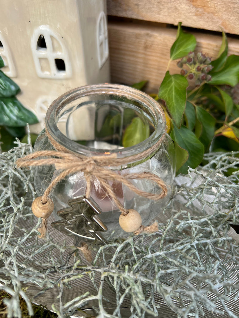 2-er Set Teelichthalter bauchig mit Stern- und Tannenbaumdeko Windlicht Transparent Kerzenhalter elegant schick Glas 7,5cm breit x 7,5cm hoch