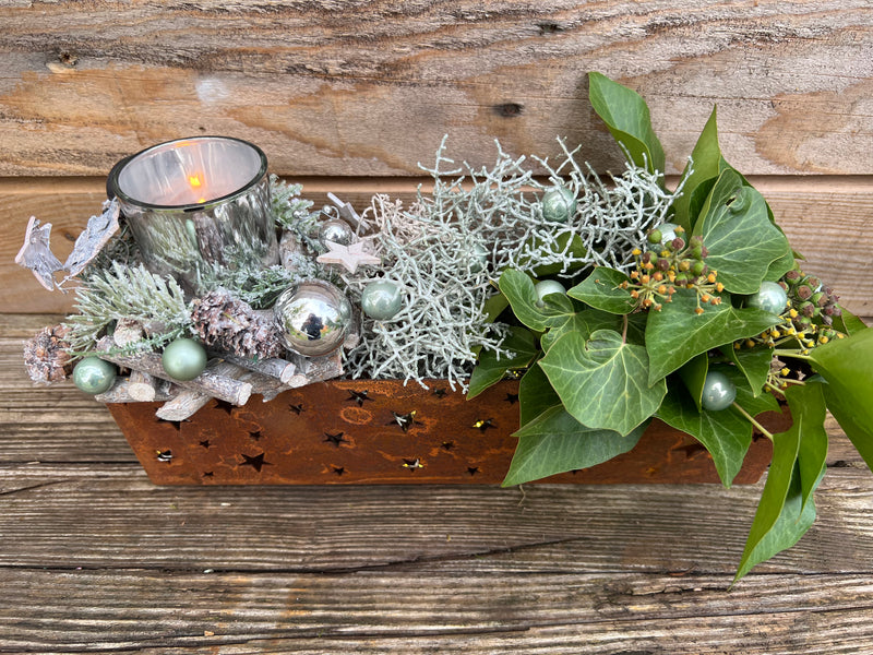 Weihnachtsdeko kleiner Kranz mit Teelichthalter grün weiß Zapfen Sternen Kugeln 12,5x8 cm