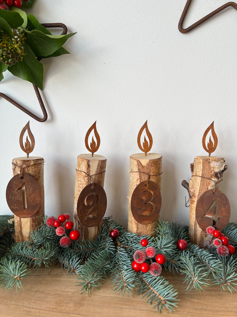 1 Set Adventskalender Zahlen 1,2,3,4 zur Befestigung mit Draht für Kerzen Rost H/B/T 7/5/0,1 cm Metall