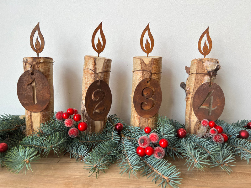 1 Set Adventskalender Zahlen 1,2,3,4 zur Befestigung mit Draht für Kerzen Rost H/B/T 7/5/0,1 cm Metall