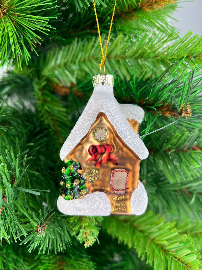 Lebkuchenhaus Baumschmuck Glas zum Aufhängen braun-weiß Weihnachten Christbaumschmuck 5x5x8 cm