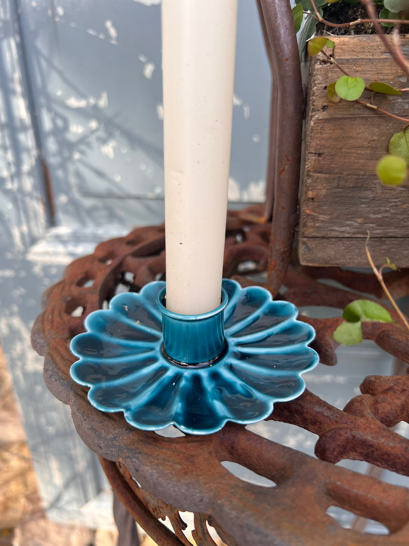 Kerzenhalter für Stabkerzen Metall blaue Emaille blau Blütenform H/dia