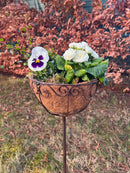 Pflanzschale BOCCAR Pflanzkorb Blumenschale auf Stab Blumentopfständer Pflanzgefäß halbrund Metall dunkelbraun lackiert mit Ständer und 2 Spießen H/dia 102/25 cm