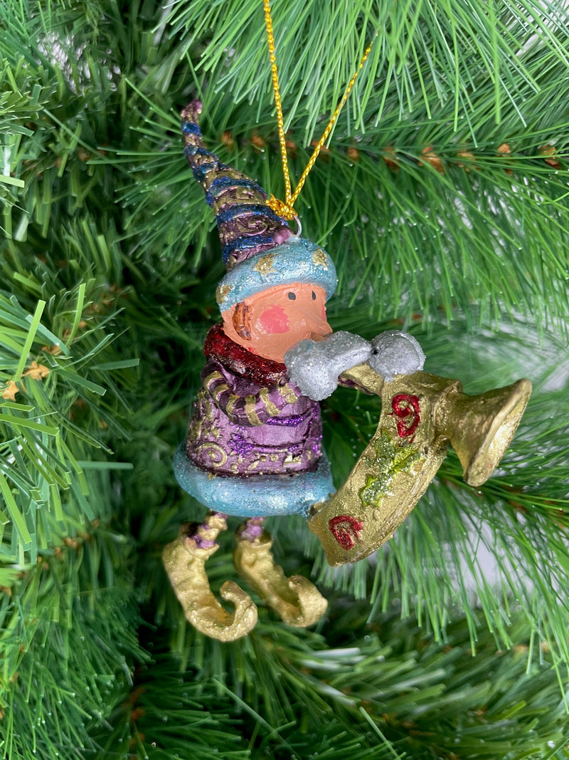 Kleiner Weihnachtsmann Elf Gabenträger Weihnachten Deko Hänger Christbaumschmuck 11,5 cm Lila-türkis-Gold mit Trompete