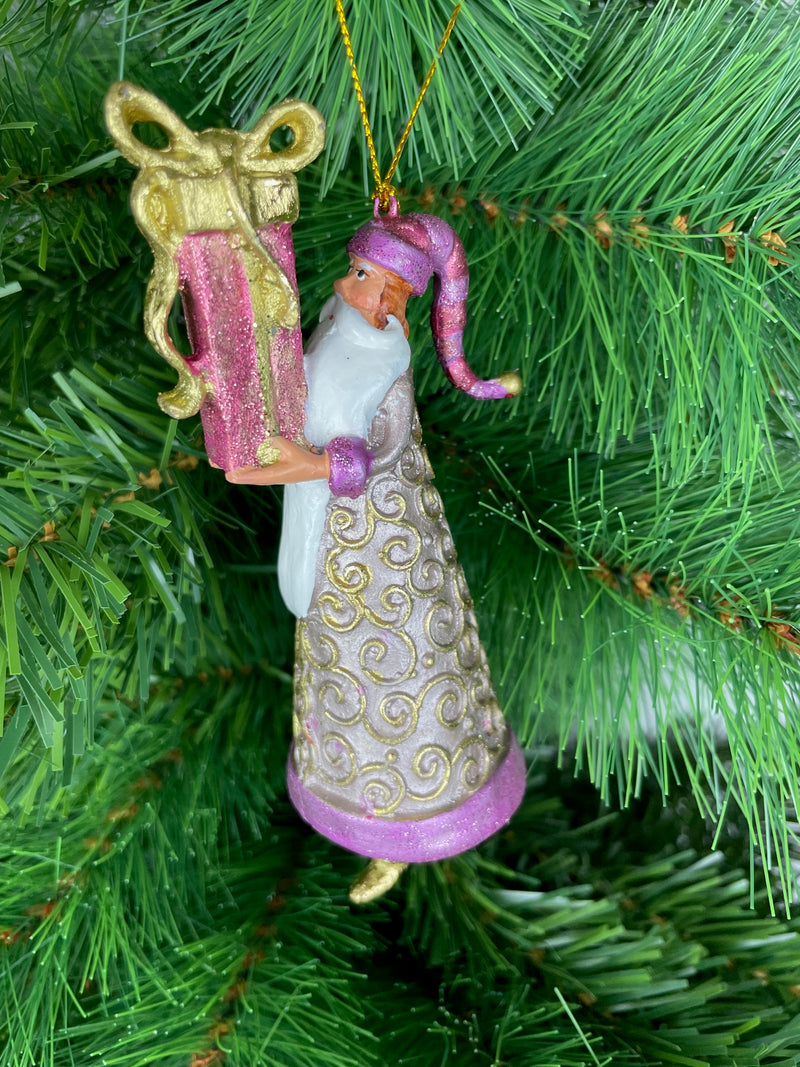 Christbaumschmuck Figur Weihnachtsmann Gabenträger rosa-gold mit Geschenk 14 cm