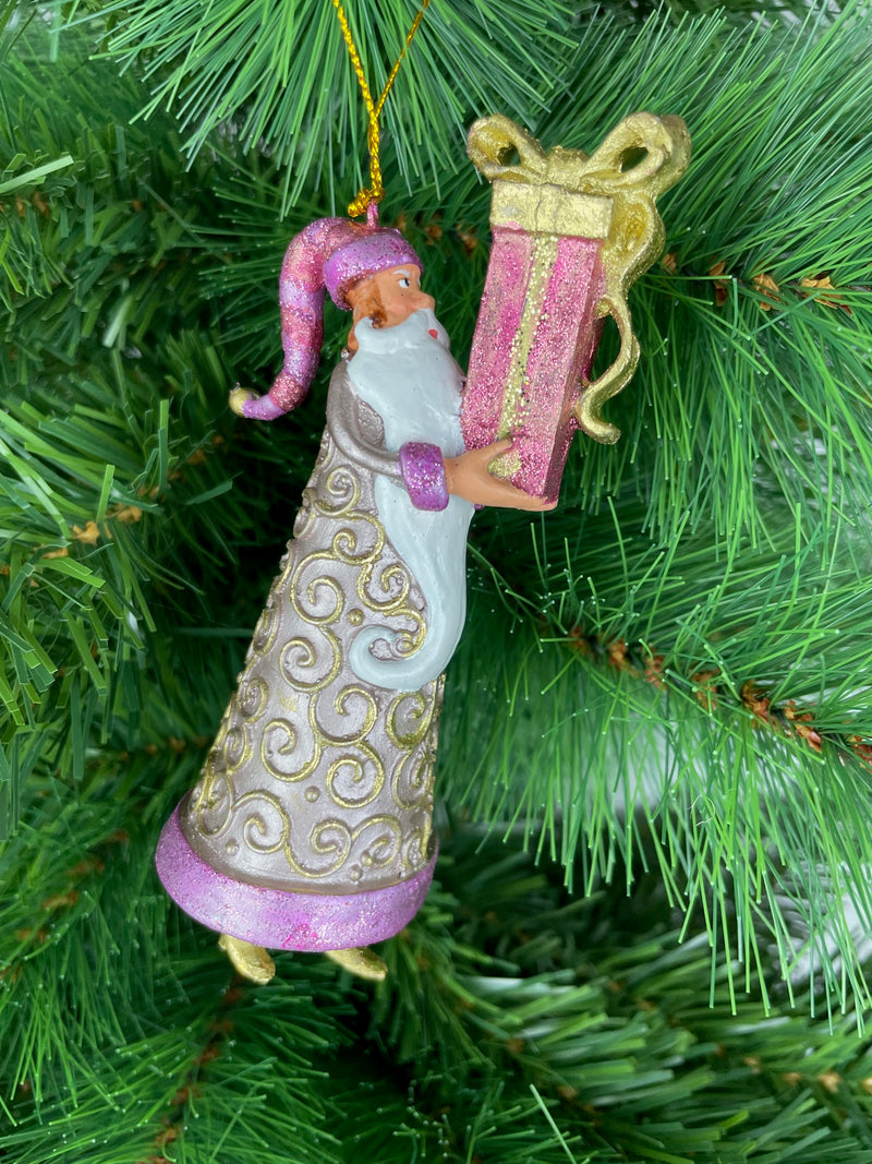 Christbaumschmuck Figur Weihnachtsmann Gabenträger rosa-gold mit Geschenk 14 cm