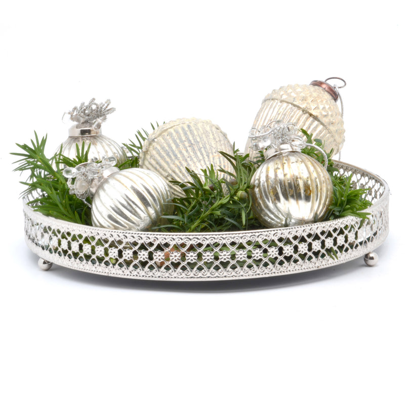 Kugel SANI Weihnachtsbaum Christbaum Weihnachtskugel antik silber mit Perlen gefärbtes Glas Christbaumschmuck Kugel Weihnachtsbaum Weihnachten Hänger 10cm