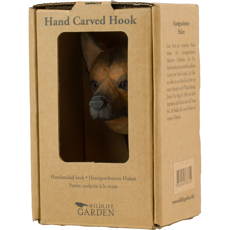 KLEIDERHAKEN SCHÄFERHUND Garderobe Wandhaken massiv Landhaus Vintage handgeschnitzt und handbemalt Holz und Metall-Haken 11cm hoch