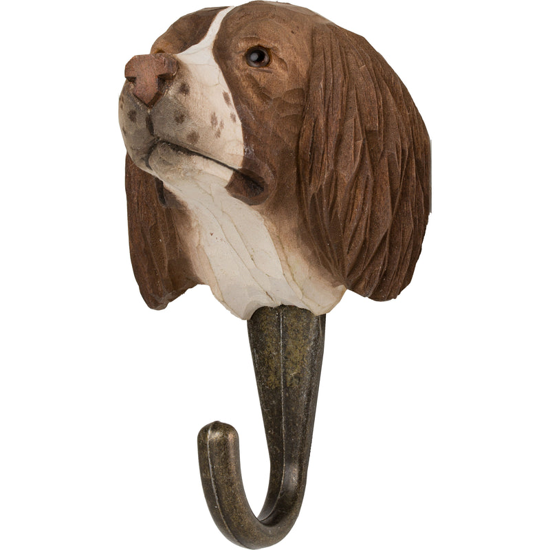 KLEIDERHAKEN SPANIEL Hund Garderobe Wandhaken massiv Landhaus Vintage handgeschnitzt und handbemalt Holz und Metall-Haken 11cm hoch