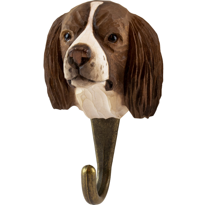 KLEIDERHAKEN SPANIEL Hund Garderobe Wandhaken massiv Landhaus Vintage handgeschnitzt und handbemalt Holz und Metall-Haken 11cm hoch