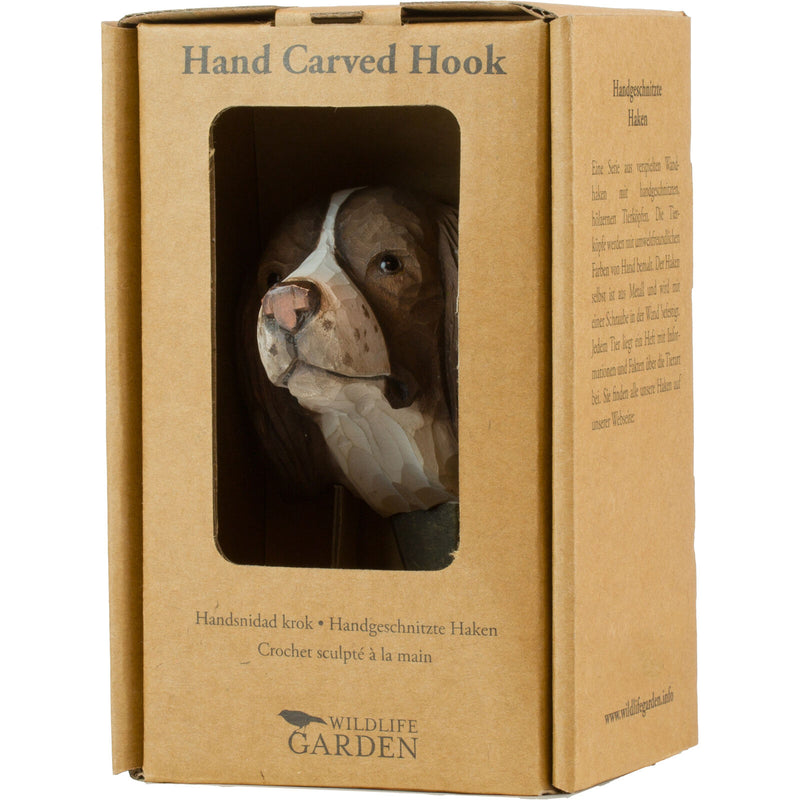 KLEIDERHAKEN SPANIEL Hund Garderobe Wandhaken massiv Landhaus Vintage handgeschnitzt und handbemalt Holz und Metall-Haken 11cm hoch