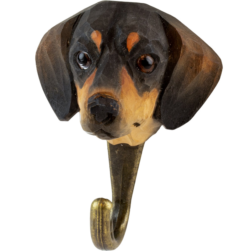 KLEIDERHAKEN DACKEL Hund Garderobe Wandhaken massiv Landhaus Vintage handgeschnitzt und handbemalt Holz und Metall-Haken 11cm hoch