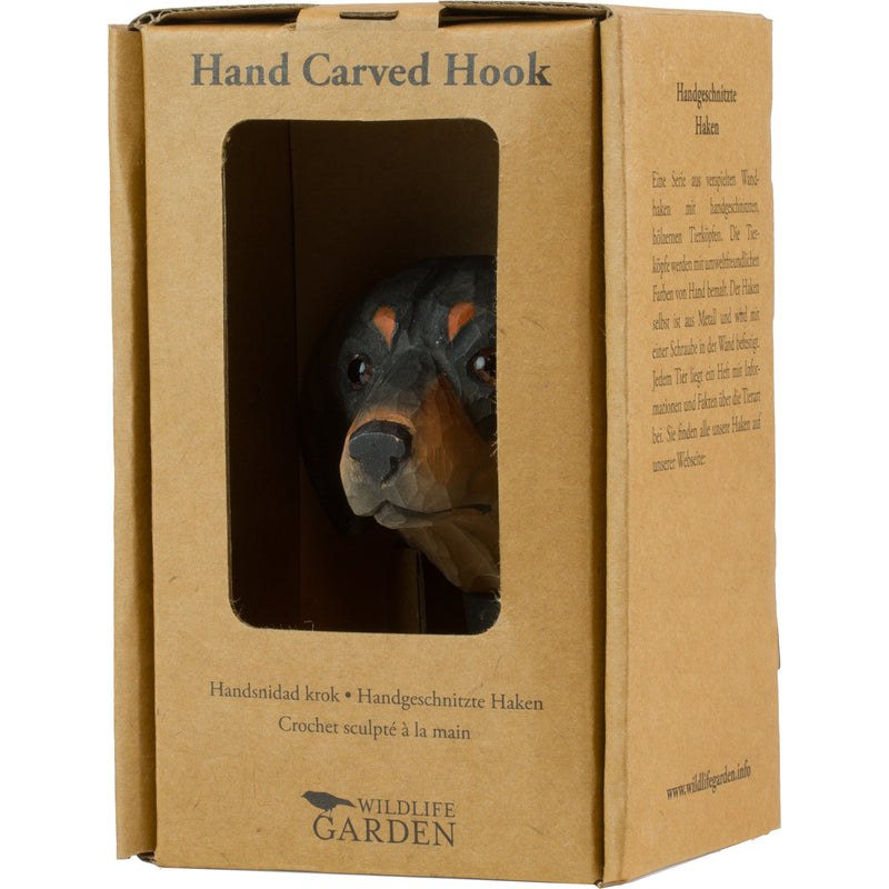 KLEIDERHAKEN DACKEL Hund Garderobe Wandhaken massiv Landhaus Vintage handgeschnitzt und handbemalt Holz und Metall-Haken 11cm hoch