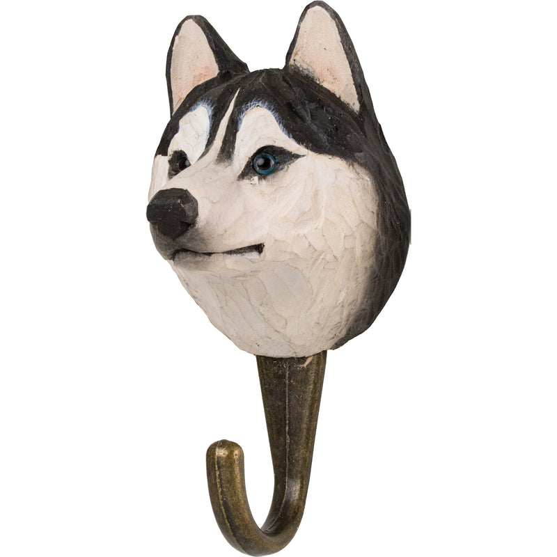 KLEIDERHAKEN SIBERIAN HUSKY Hund Garderobe Wandhaken massiv Landhaus Vintage handgeschnitzt und handbemalt Holz und Metall-Haken 11cm hoch
