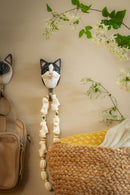 KLEIDERHAKEN KATZE schwarz-weiß Garderobe Wandhaken massiv Landhaus Vintage handgeschnitzt und handbemalt Holz und Metall-Haken 11cm hoch