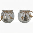 2-er Set Teelichthalter bauchig mit Stern- und Tannenbaumdeko Windlicht Transparent Kerzenhalter elegant schick Glas 7,5cm breit x 7,5cm hoch