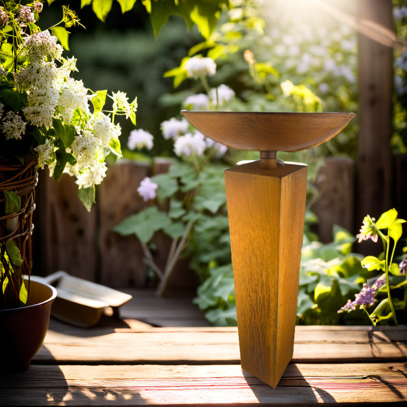 Säule quadratisch mit runder Schale aus Metall mit Edelrost zum Bepflanzen Blumenschale  Rost in drei Größen