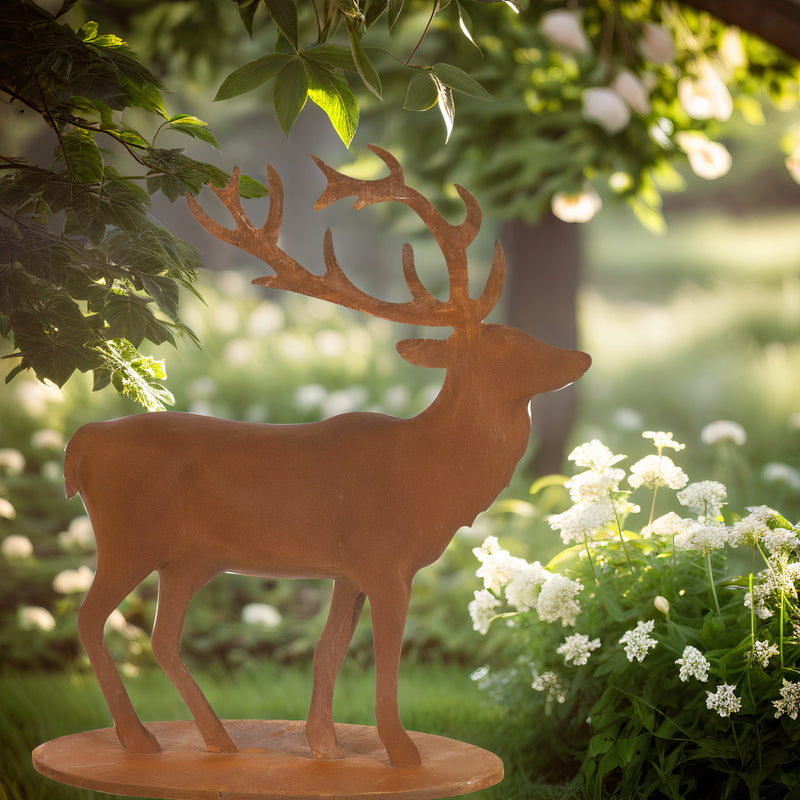 Gartendekoration Hirsch stehend mit Platte aus Metall mit Edelrost zum Hinstellen Advent Weihnachten 68cm/23,5cm/67cm