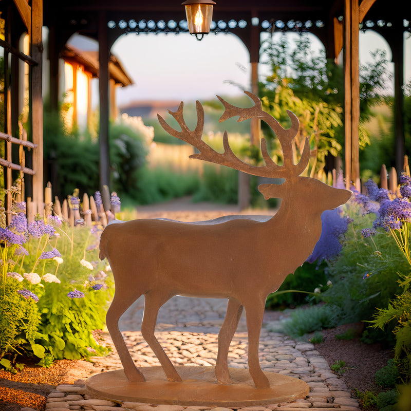 Gartendekoration Hirsch stehend mit Platte aus Metall mit Edelrost zum Hinstellen Advent Weihnachten 68cm/23,5cm/67cm