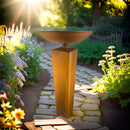 Säule quadratisch mit runder Schale aus Metall mit Edelrost zum Bepflanzen Blumenschale  Rost in drei Größen