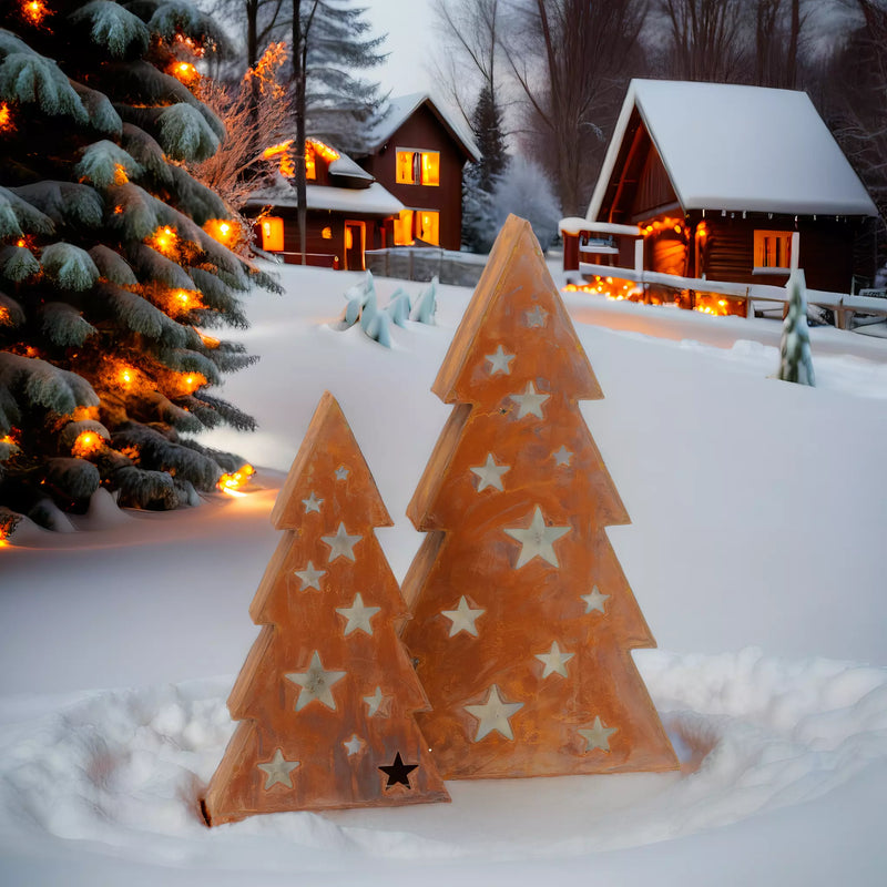 2-er Set Tannenbaum Metall Weihnachten Rost Deko mit Sternen Weihnachtsbaum verrostet zum Hinstellen 68 und 49cm hoch