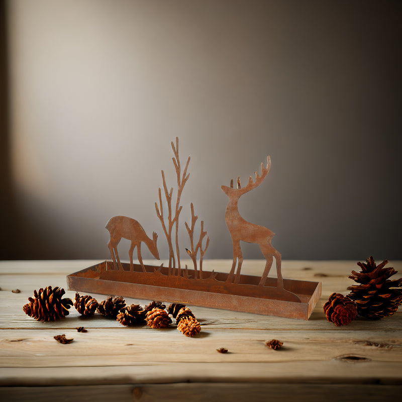 Dekoobjekt Baum Hirsch Schale rechteckig zum Stellen Metall Rost Deko Fensterbank Kommode Weihnachten (50x15,5 cm, h= 32 cm)