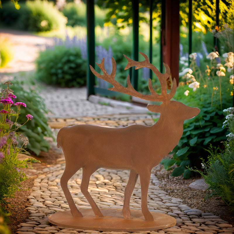 Gartendekoration Hirsch stehend mit Platte aus Metall mit Edelrost zum Hinstellen Advent Weihnachten 68cm/23,5cm/67cm