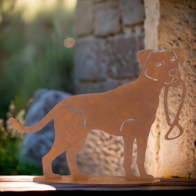 Gartendekoration Hund stehend mit Leine auf Platte Metall Rost Deko zum Hinstellen 60cm x 79cm