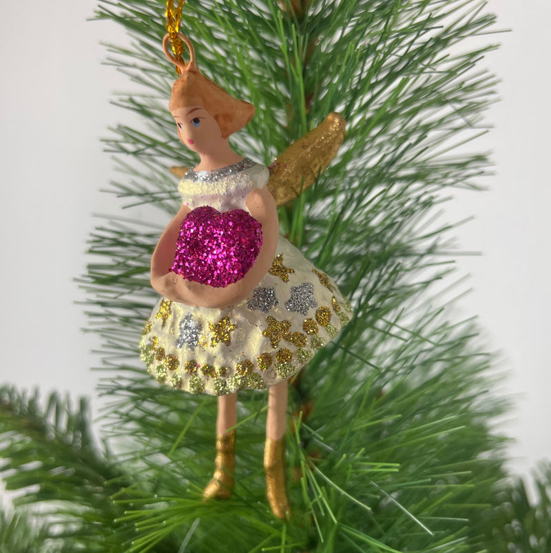 Kleiner Engel mit Herz mini Weihnachten Deko Hänger Christbaumschmuck 8 cm weiß gold