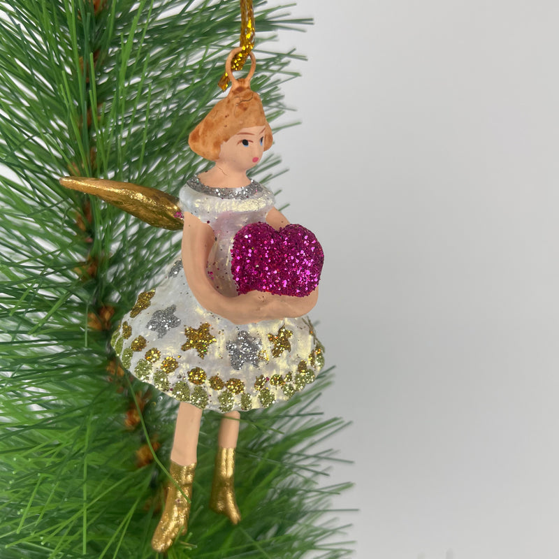 Kleiner Engel mit Herz mini Weihnachten Deko Hänger Christbaumschmuck 8 cm weiß gold