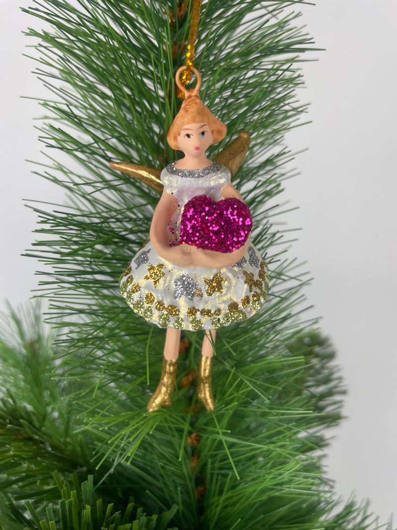 Kleiner Engel mit Herz mini Weihnachten Deko Hänger Christbaumschmuck 8 cm weiß gold