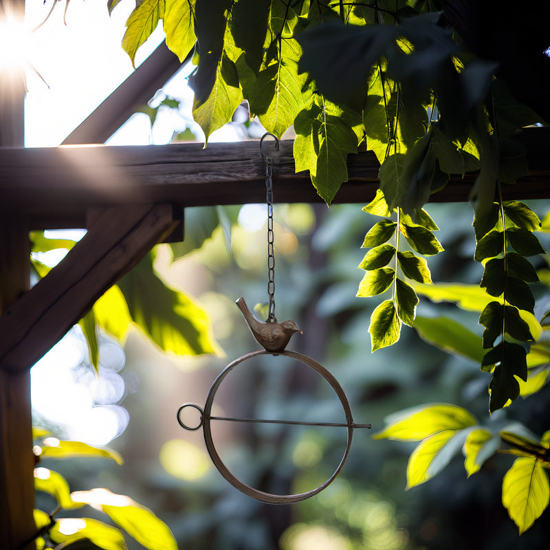 Ring für Vogelfutter Äpfel Meisenknödel Futterstation mit Kette zum Aufhängen und Vogelfigur Gusseisen/Metall Durchmesser 21 cm