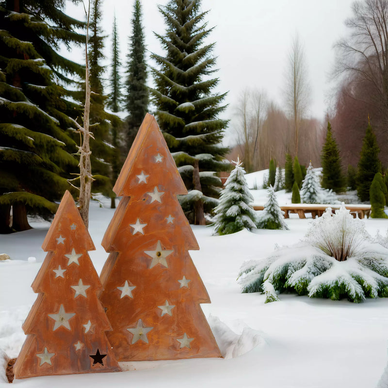 2-er Set Tannenbaum Metall Weihnachten Rost Deko mit Sternen Weihnachtsbaum verrostet zum Hinstellen 68 und 49cm hoch