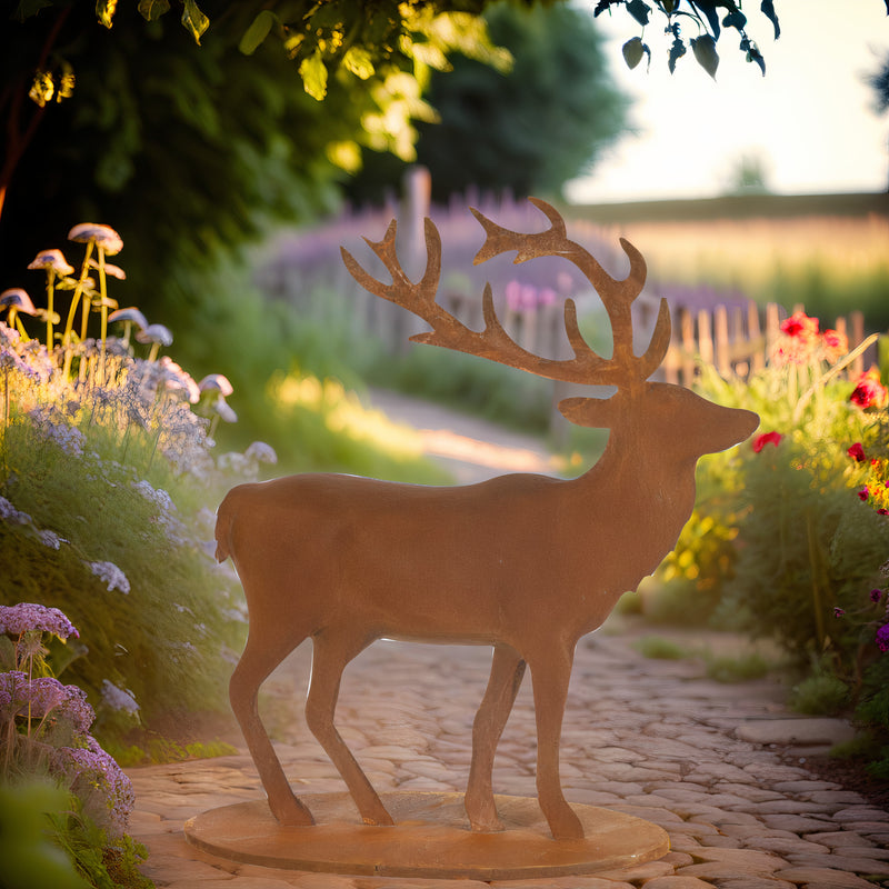 Gartendekoration Hirsch stehend mit Platte aus Metall mit Edelrost zum Hinstellen Advent Weihnachten 68cm/23,5cm/67cm