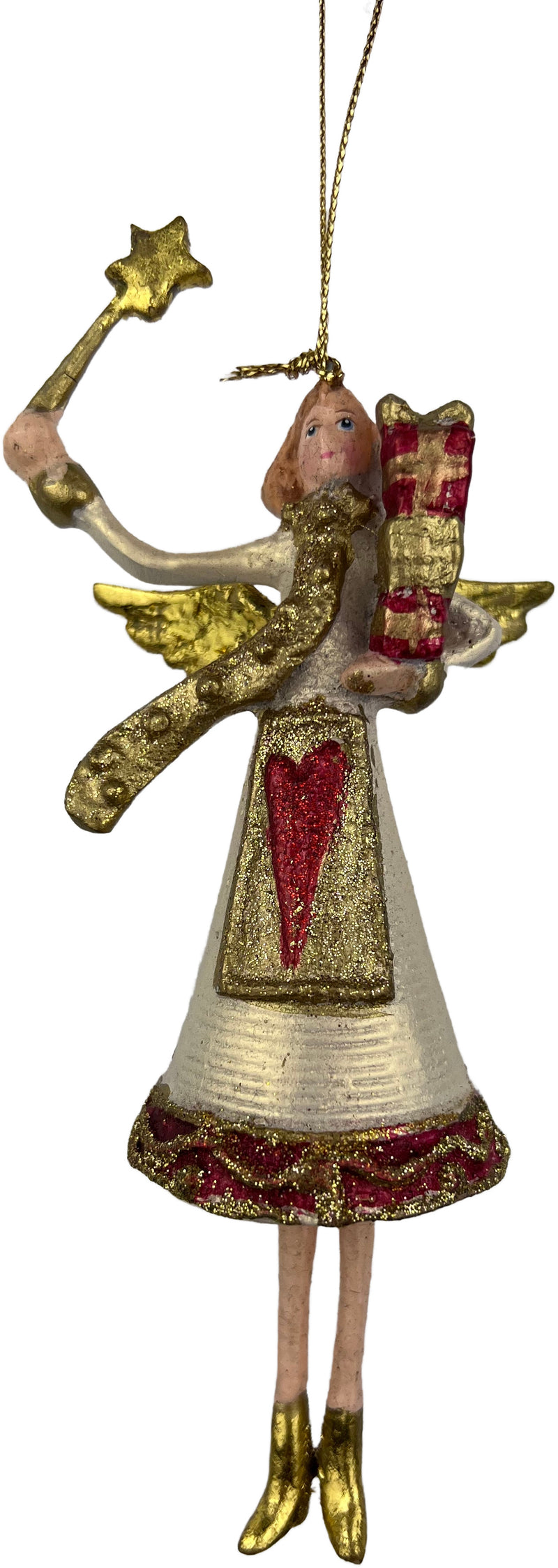 Christbaumschmuck  Engel in einem weiß-roten Kleid mit Stern und Geschenken Baumschmuck 15cm