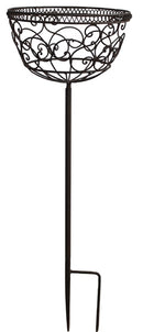 Pflanzschale MINA Pflanzkorb Blumenschale auf Stab Blumentopfständer Pflanzgefäß halbrund Metall dunkelbraun lackiert mit Ständer und 2 Spießen H/dia 80/25 cm