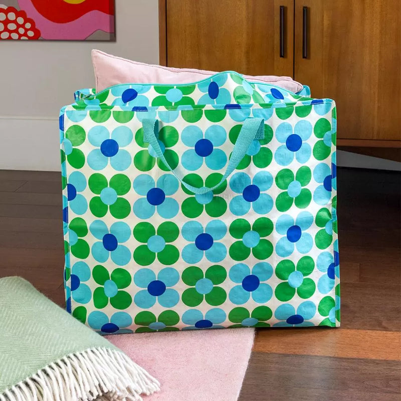 Große Aufbewahrungstasche Einkaufstasche aus recycelten Plastikflaschen Daisy blue Blumen creme grün blau