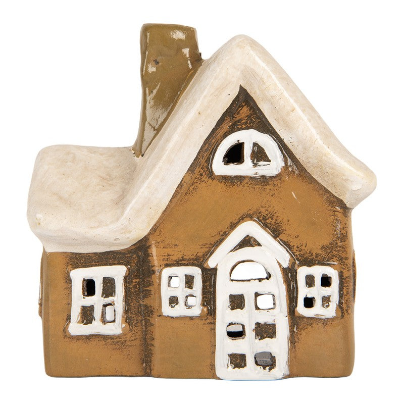 Teelichthalter Haus 13x7x13 cm Braun Dekoration Windlicht Herbst Weihnachten Keramik