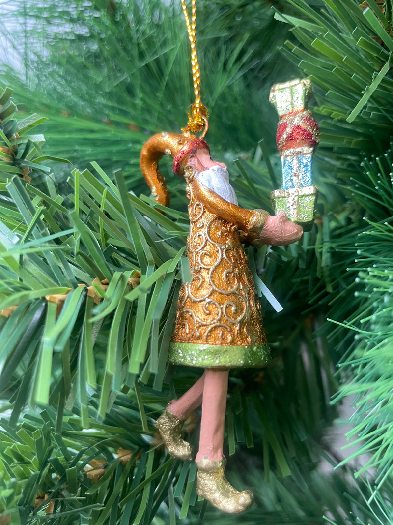 Kleiner Gabenträger Weihnachtsmann mit Geschenk mini Weihnachten Deko Hänger Christbaumschmuck 8 cm kupfer-gold