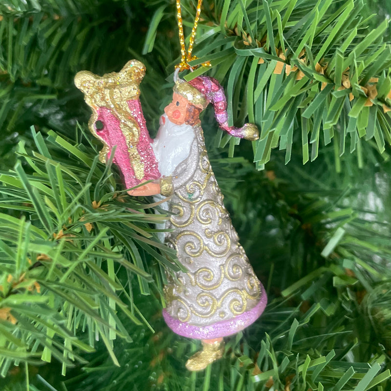 Kleiner Gabenträger Weihnachtsmann mit Geschenk mini Weihnachten Deko Hänger Christbaumschmuck 8 cm rosa-gold