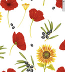 Wachstuchtischdecke "Basique white" mit Sonnenblumen, Mohn und Oliven 1,4m Breite Länge wählbar