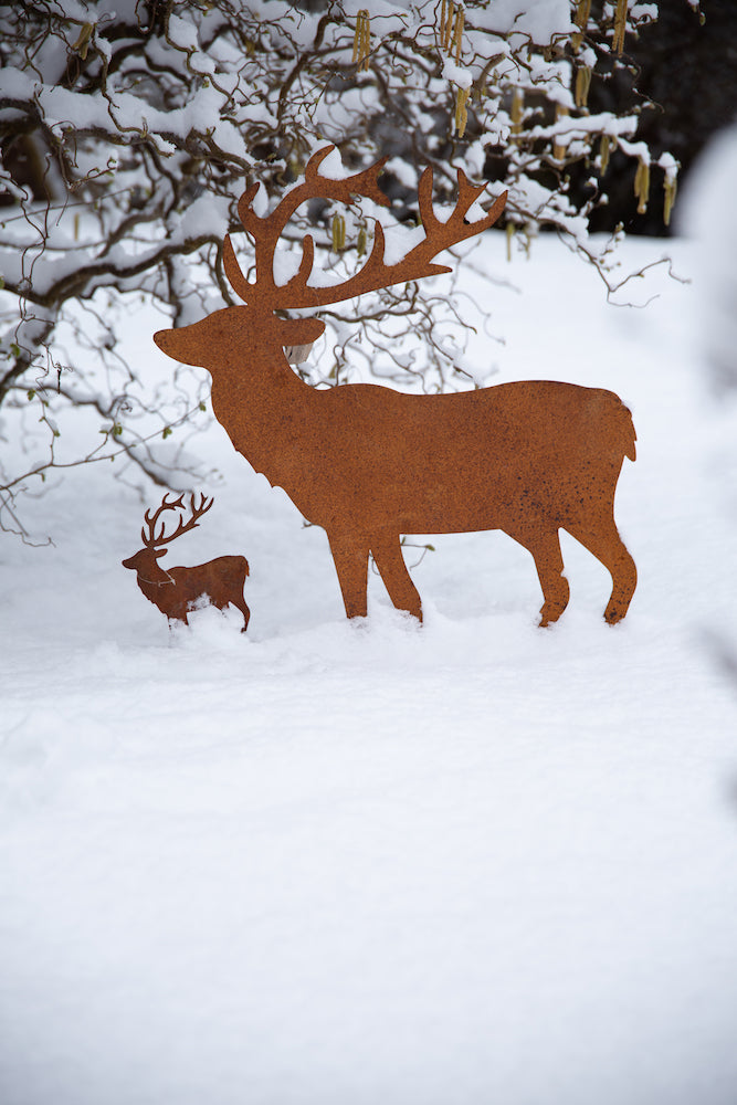 Gartendekoration Hirsch stehend mit Platte Metall Rost Deko zum Hinstellen Advent Weihnachten 33cm/12cm/33cm