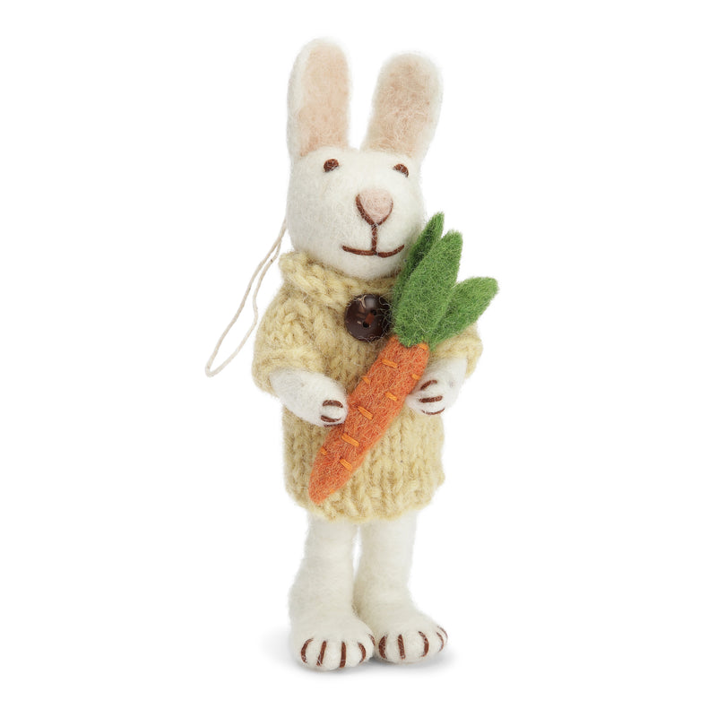 Deko Hase mit gelbem Kleid und Möhre zum Hinstellen oder Hängen aus Filz gelb-weiß Ostern Osterdeko Anhänger Fairtrade weich 14cm hoch leicht unzerbrechlich