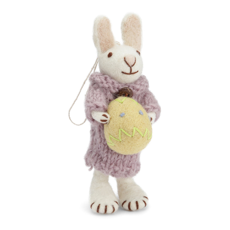 Deko Hase mit lila Kleid und gelbem Osterei zum Hinstellen oder Hängen aus Filz lila-weiß Ostern Osterdeko Anhänger fairtrade weich 14cm hoch leicht unzerbrechlich