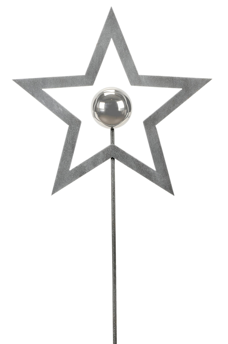 Deko Gartenstecker Stern mit silberner Kugel Stecker Bodenstecker Weihnachten Gartendeko Stab grau Beetstecker 29,5cm +100 cm Stab